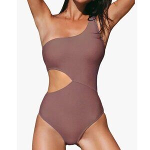 NWT Cupshe One Piece Ribbed Cut Out Side One Shoulder Swimsuit S Coffee